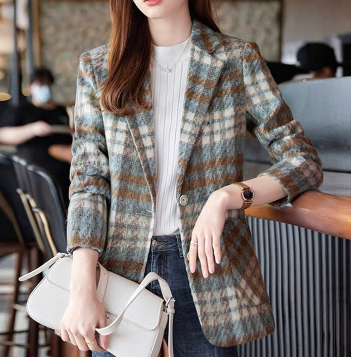 Checked Wool-Blend Blazer – Blue & Brown