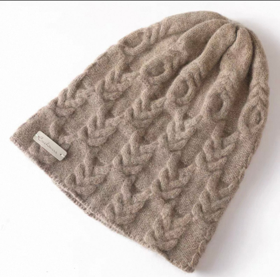 Taupe Cable Knit Cashmere Beanie