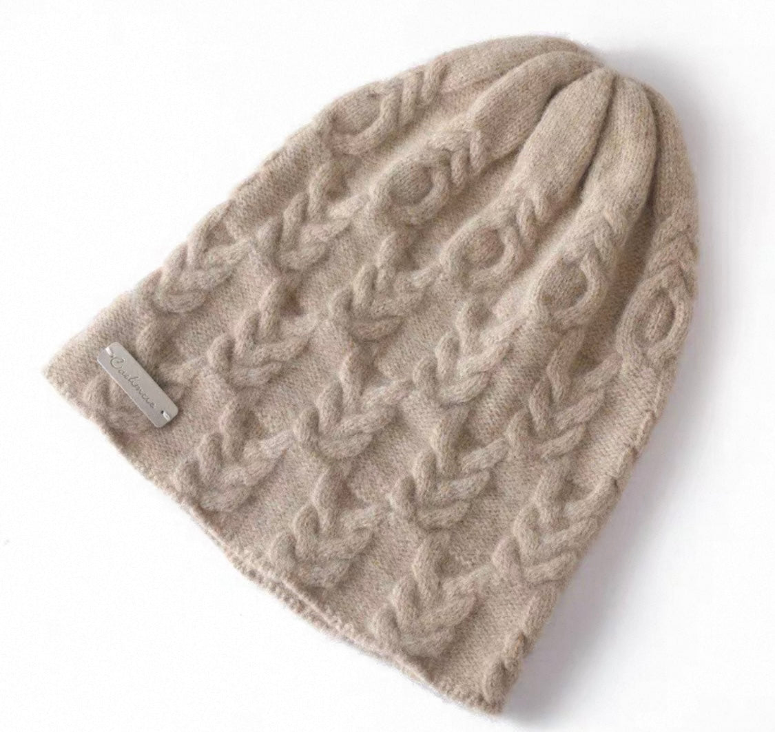 Taupe Cable Knit Cashmere Beanie