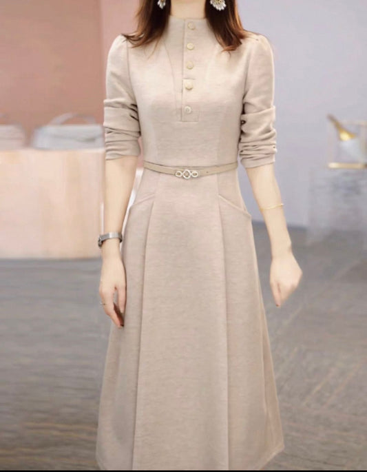 Elegant Beige Midi Dress with Belt
