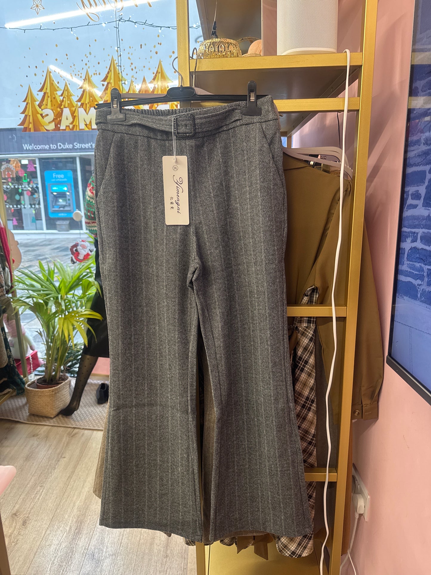 Tweed Herringbone Trousers with Belt Detail