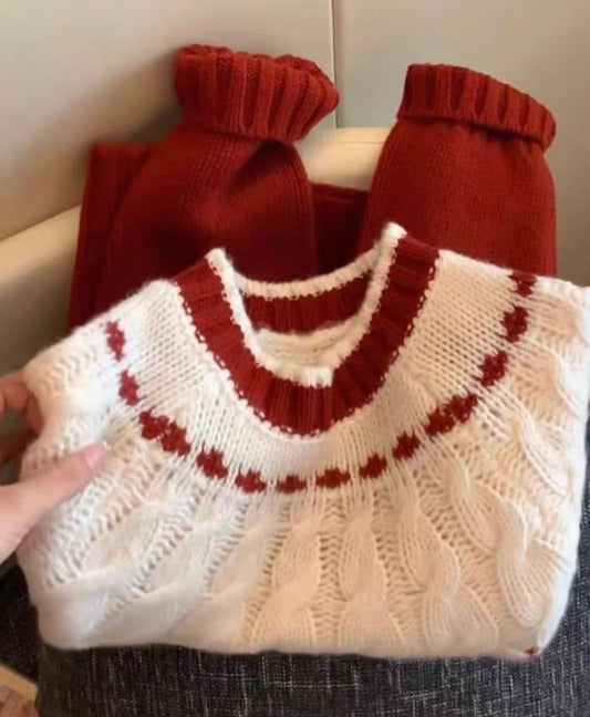 White Cable Knit Jumper with Red Detail