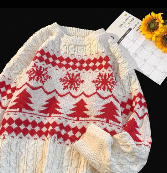 White Christmas Knit with Trees & Snowflakes