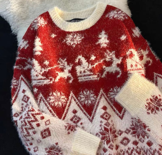 Red Christmas Jumper with Santa & Reindeer Motif