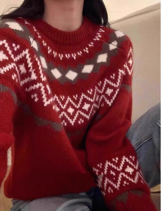 Festive Red & Grey Geometric Knit