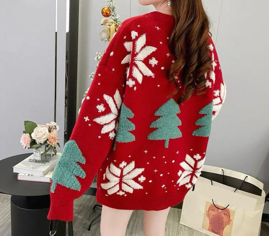 Red Knit with Green Trees & White Snowflakes