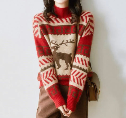 Beige & Red Reindeer Pattern Jumper