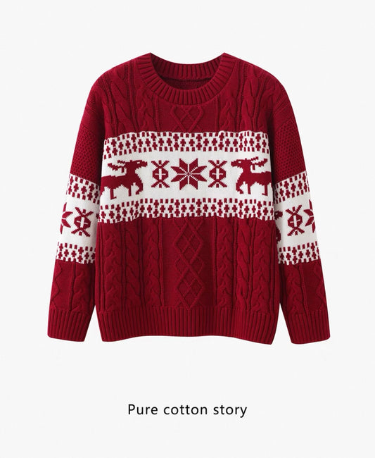 Cotton Red Cable Knit Reindeer Jumper