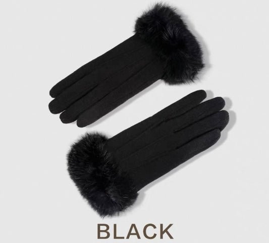 Faux Fur Cuff Gloves – Black