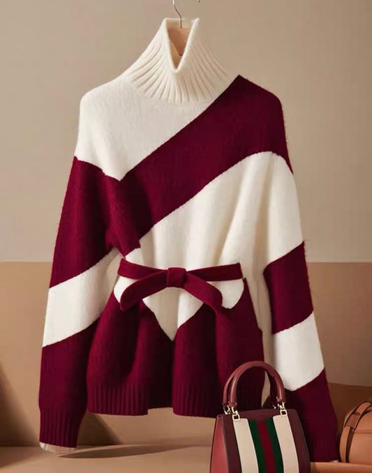 Burgundy & White Bold Stripe Jumper with Belt