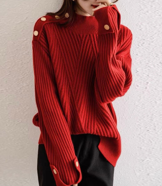 Red Ribbed Jumper with Gold Buttons