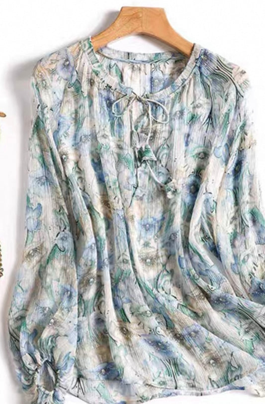Blue Floral Peasant Blouse