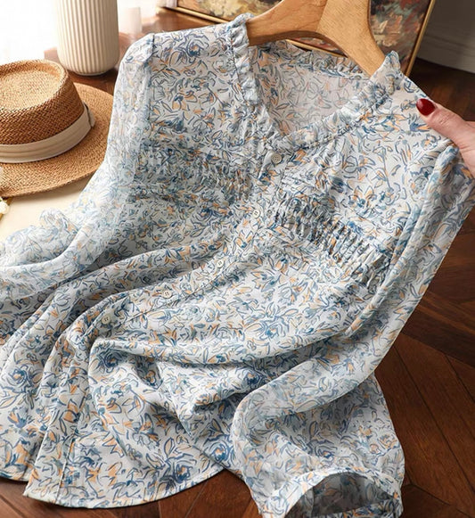 Light Blue Floral Chiffon Blouse