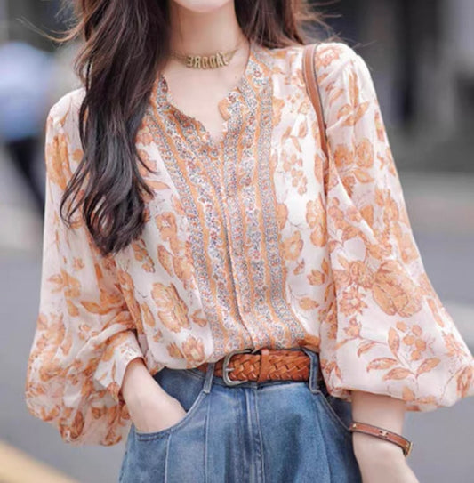 Bohemian Orange Floral Blouse