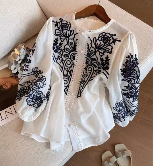 White & Navy Embroidered Blouse