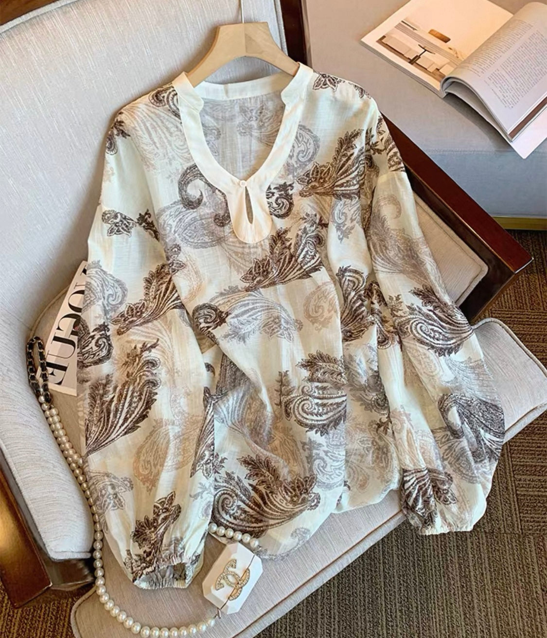 Paisley Print Blouse in Brown & Cream