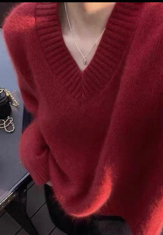 Deep Red V-Neck Wool Sweater