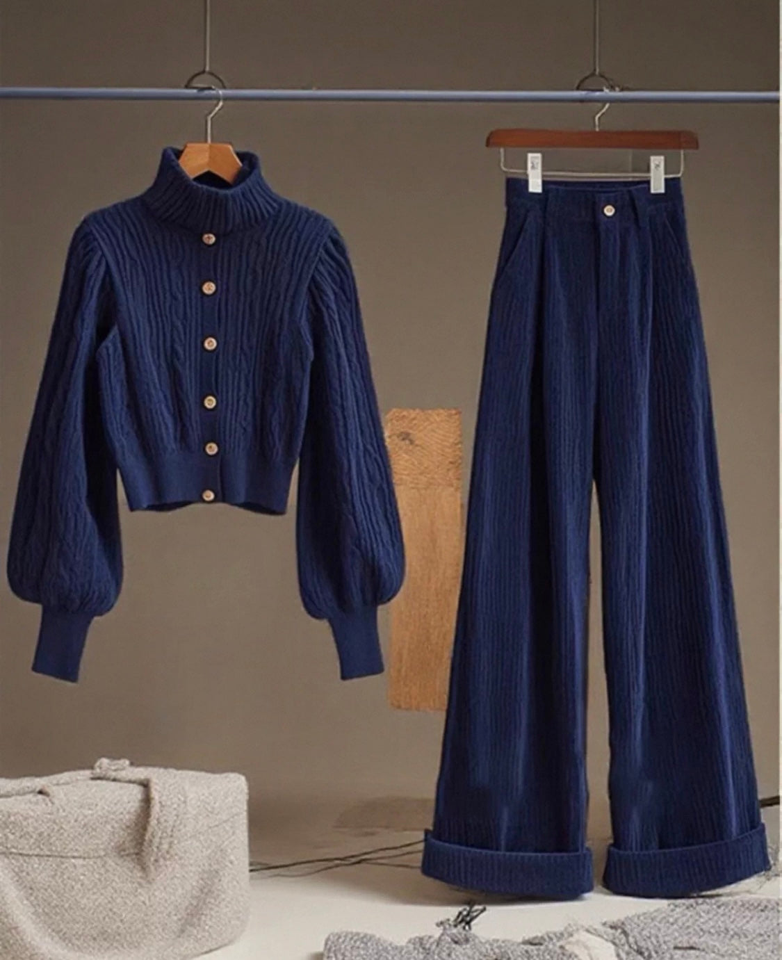 Cable-Knit Set – Navy Blue (Jumper + Trousers)