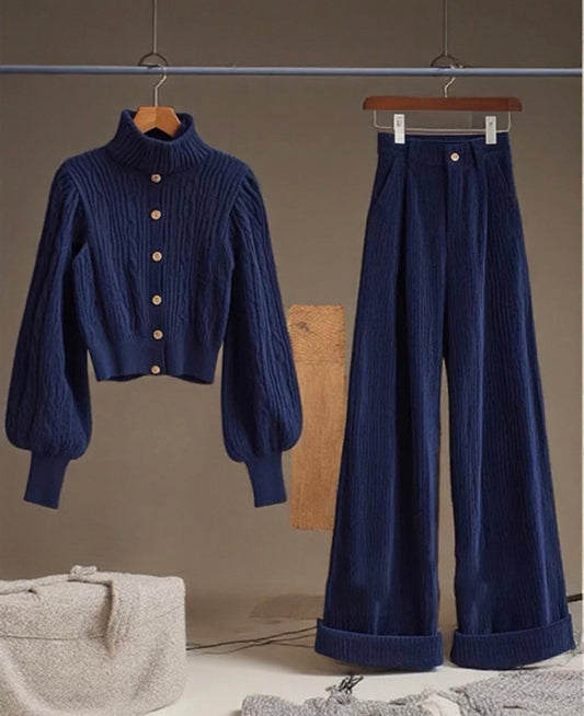Cable-Knit Set – Navy Blue (Jumper + Trousers)