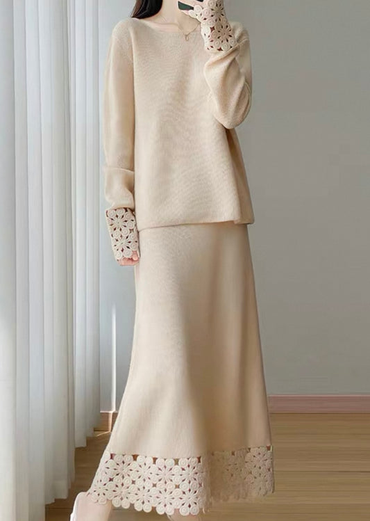 Cashmere Knit Set with Crochet Detail – Cream