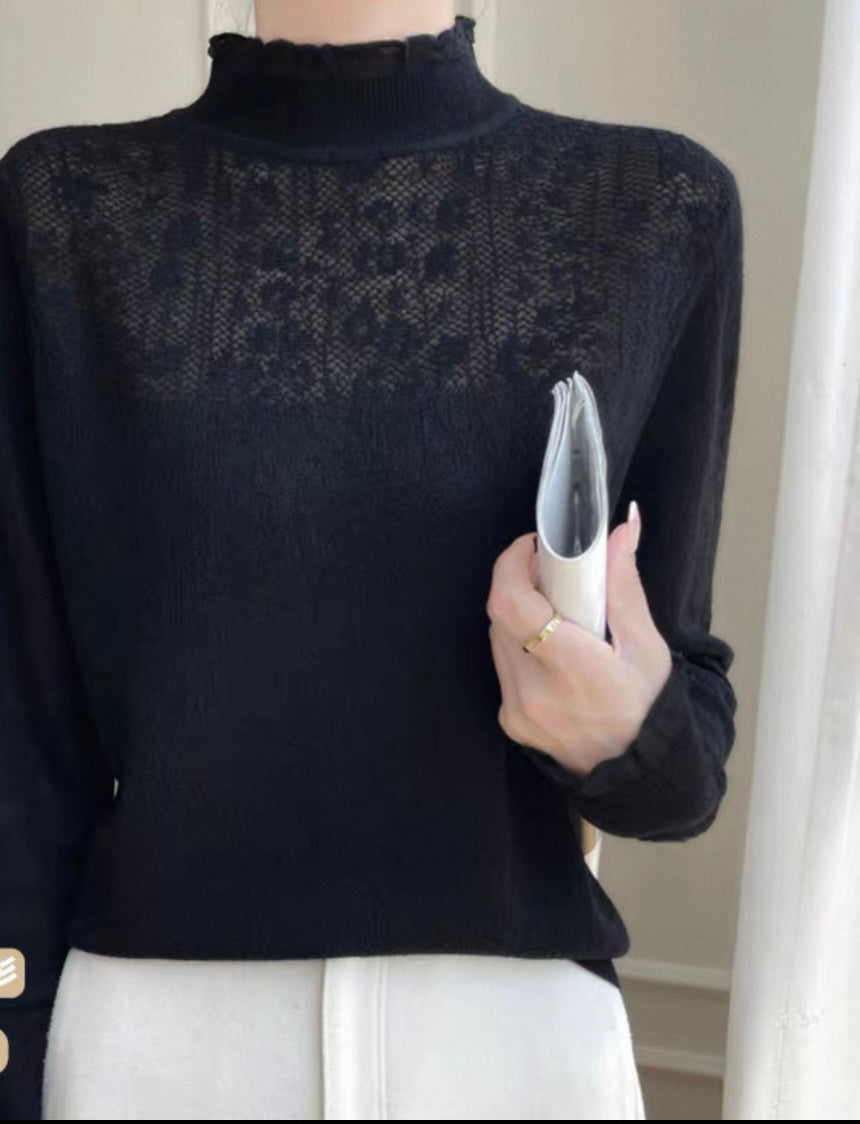 Lace Detail Knit Top – Black