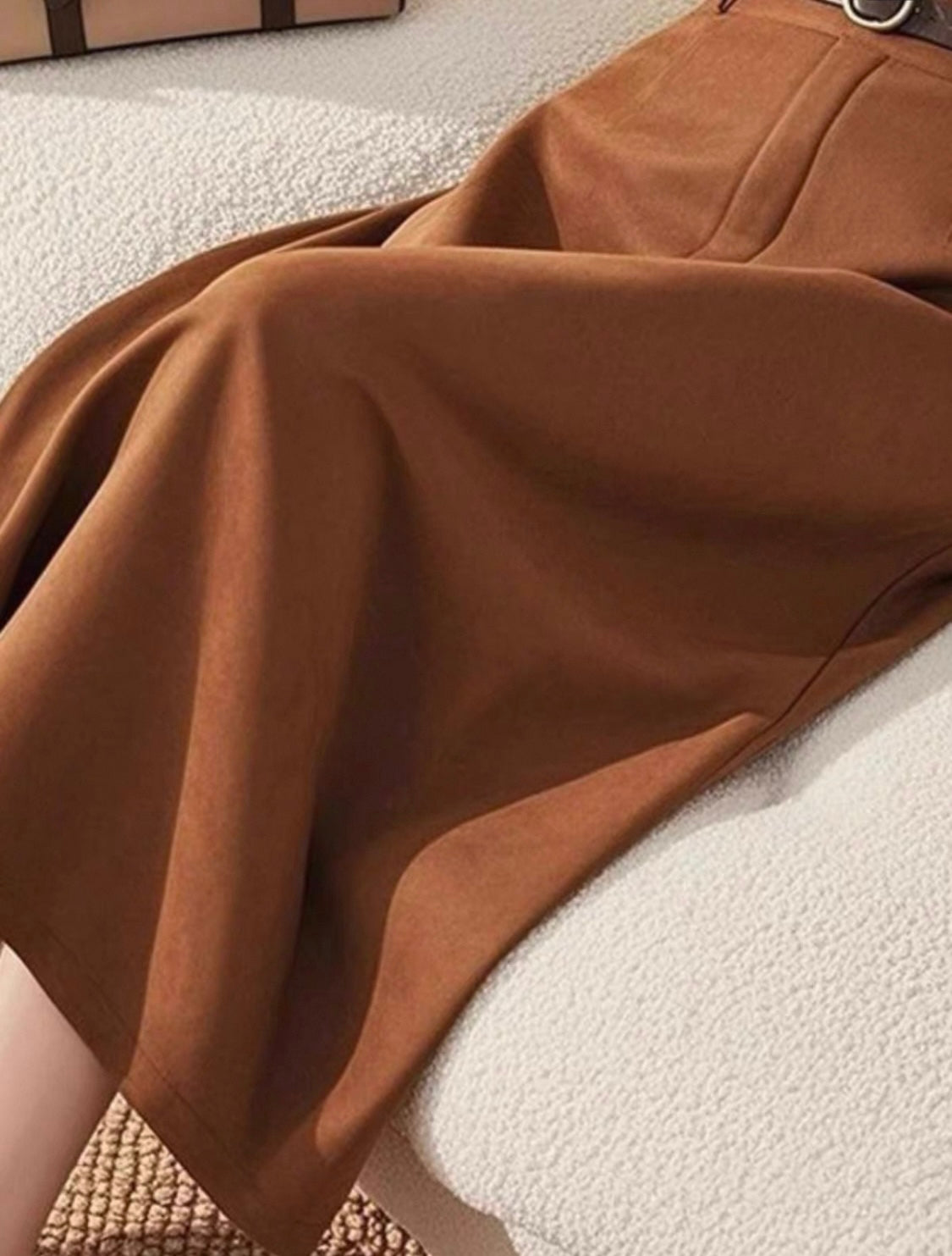 Suede-Look Flared Midi Skirt – Caramel Brown