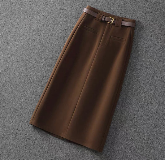 Tailored Wool-Blend Skirt with Belt