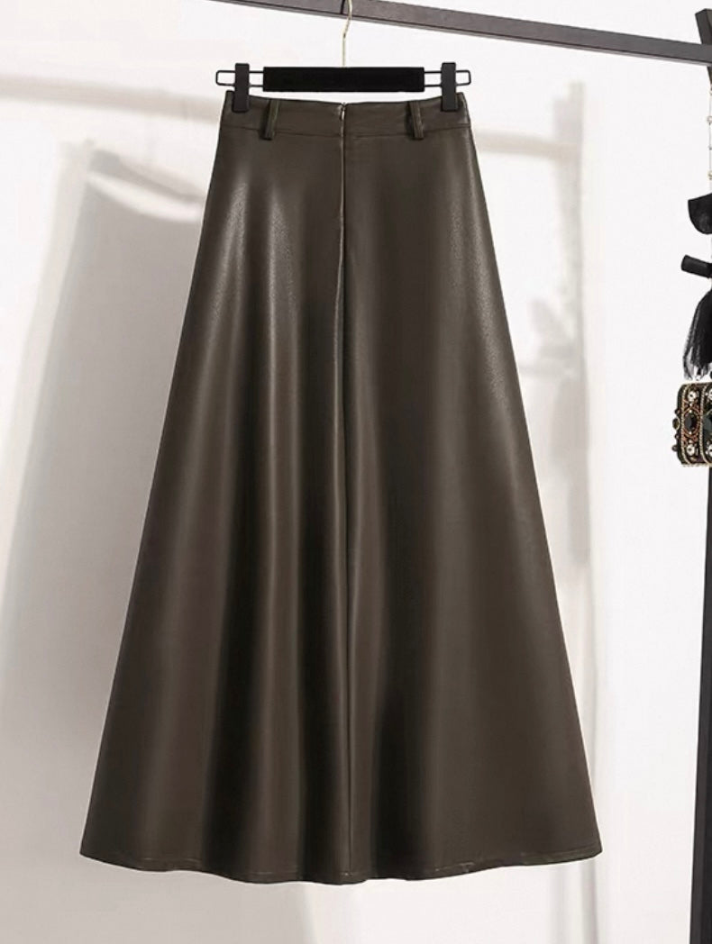 Faux-Leather Flared Skirt – Dark Brown