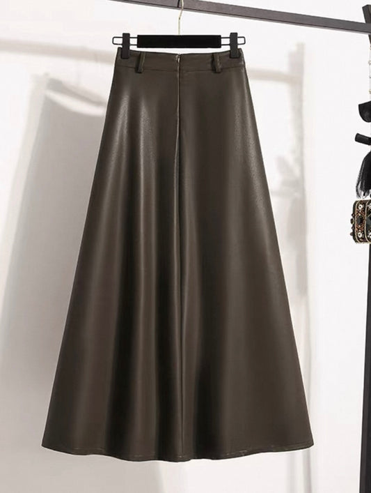 Faux-Leather Flared Skirt – Dark Brown