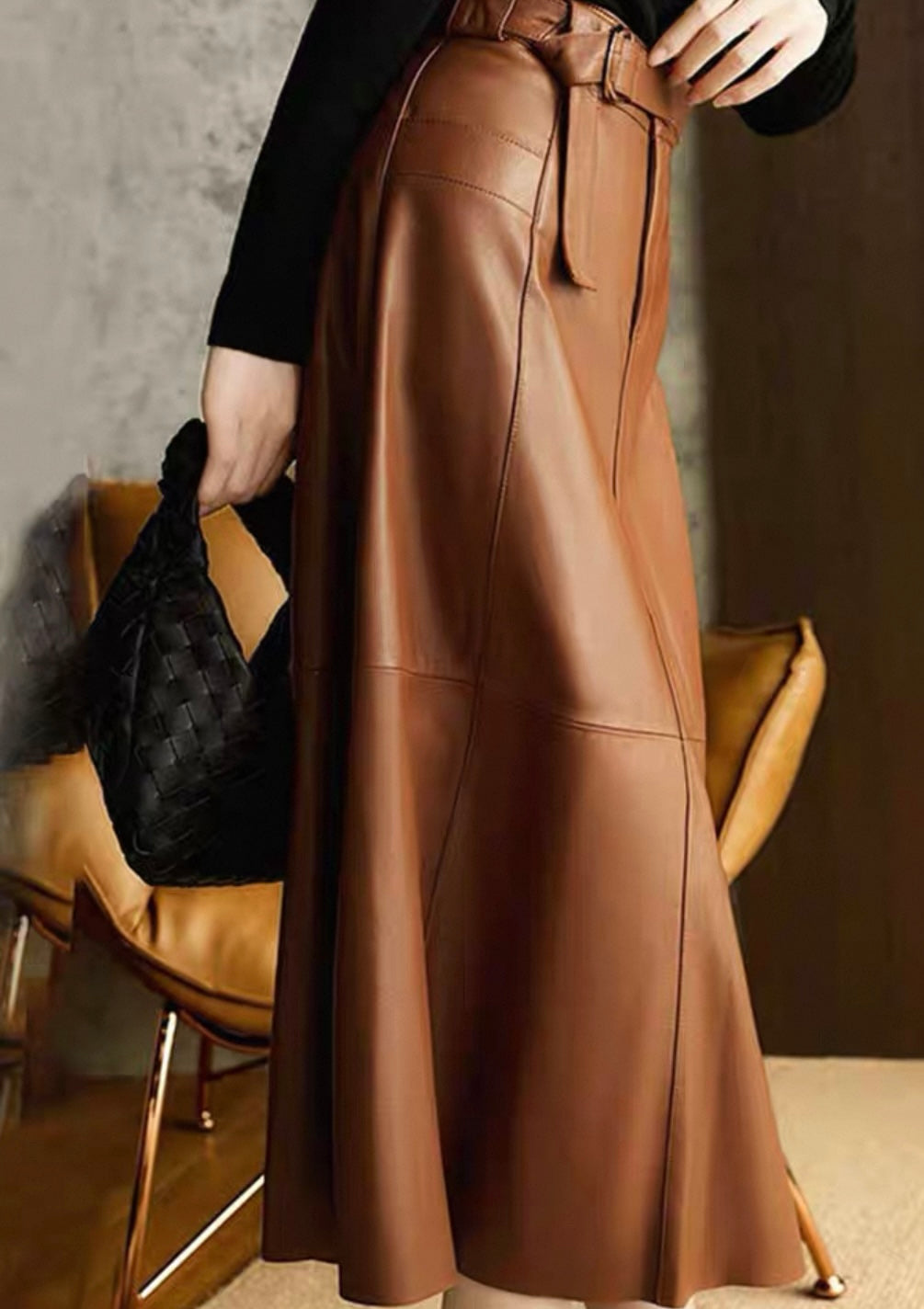 Camel-Brown Faux-Leather Midi Skirt