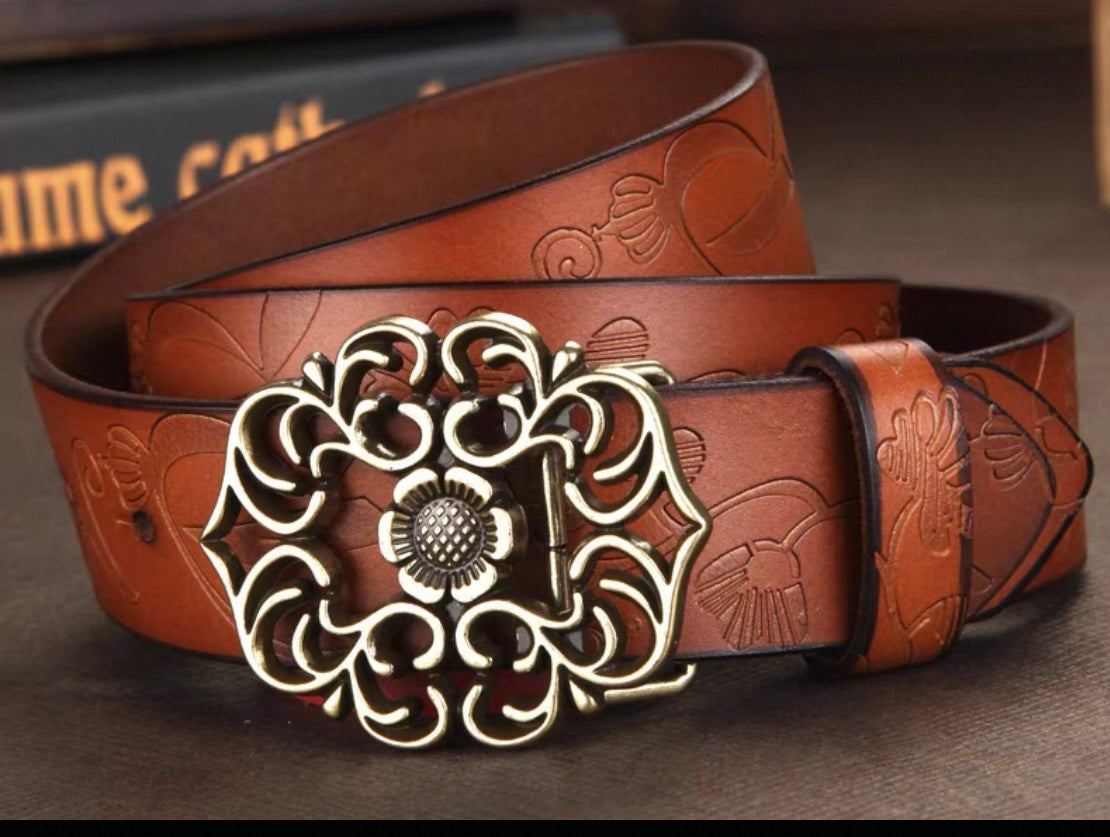Engraved Floral Belt – Antique Gold Buckle