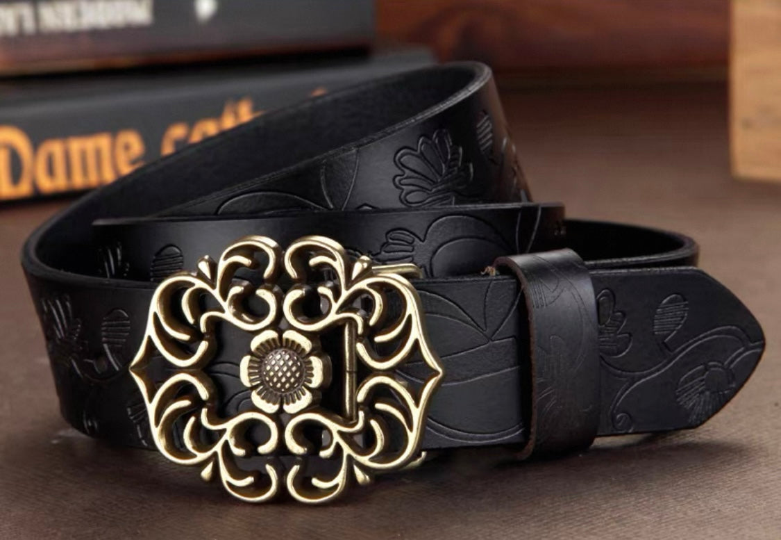 Engraved Floral Belt – Antique Gold Buckle