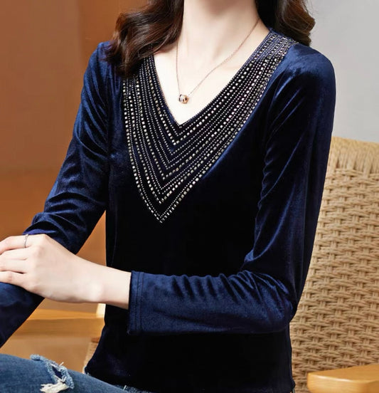 Velvet Beaded Blouse – Midnight Blue