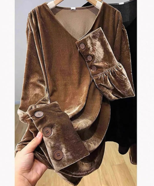 Velvet Button Blouse – Mocha Brown
