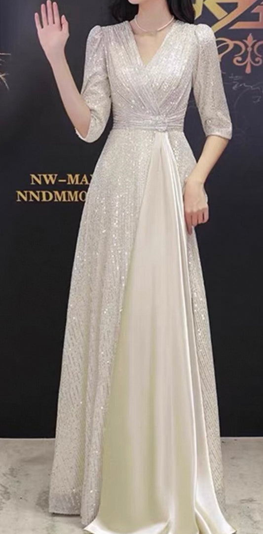 Silver Gown with Satin Panel – Ice Champagne