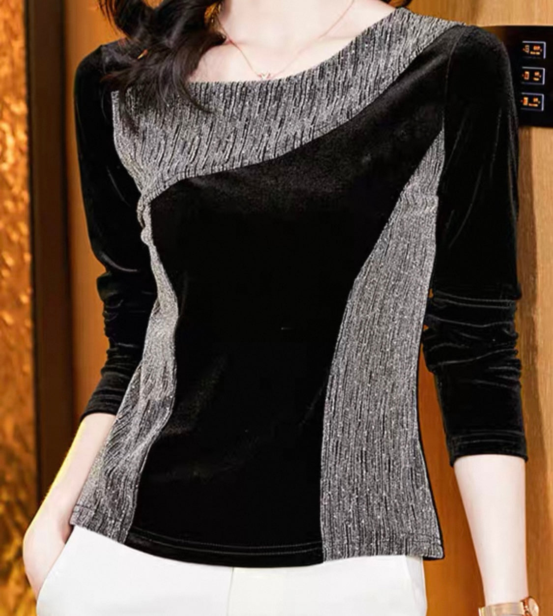 Velvet & Metallic Panel Top – Black/Silver