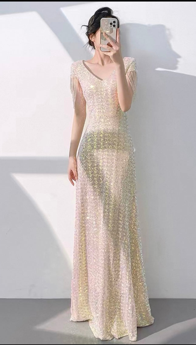 Sequin Gown with Fringe Sleeves – Pearl Gold
