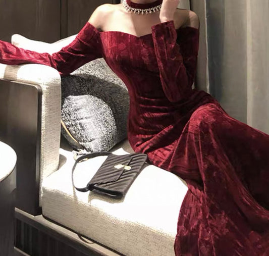 Off-Shoulder Velvet Gown – Wine Red