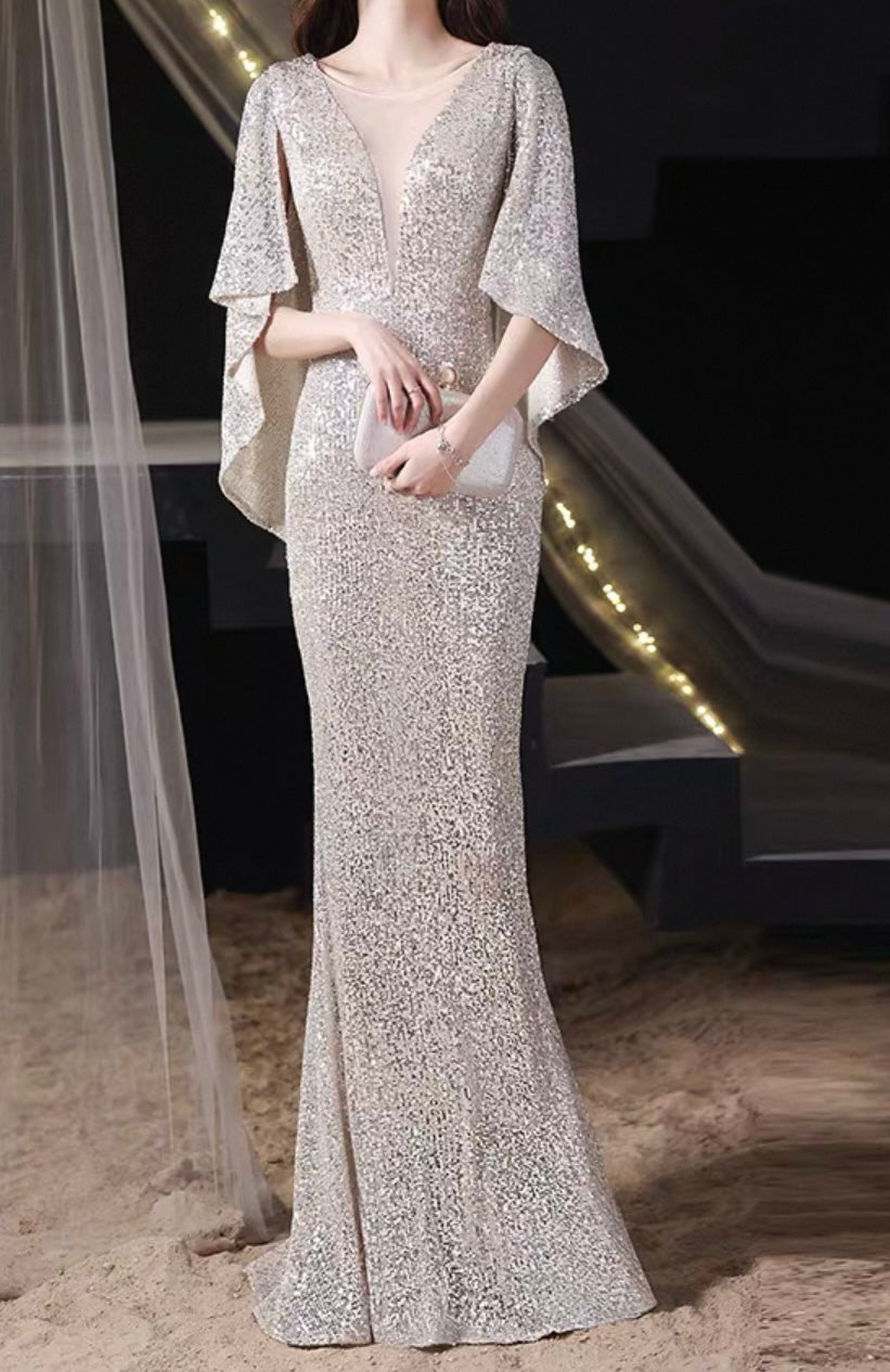Sequin Evening Dress with Cape Sleeves – Silver