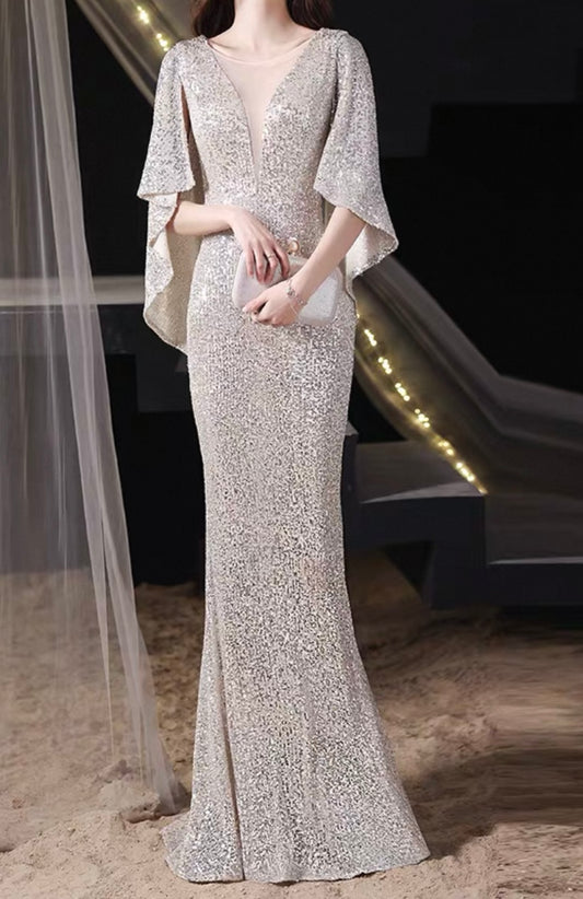 Sequin Evening Dress with Cape Sleeves – Silver