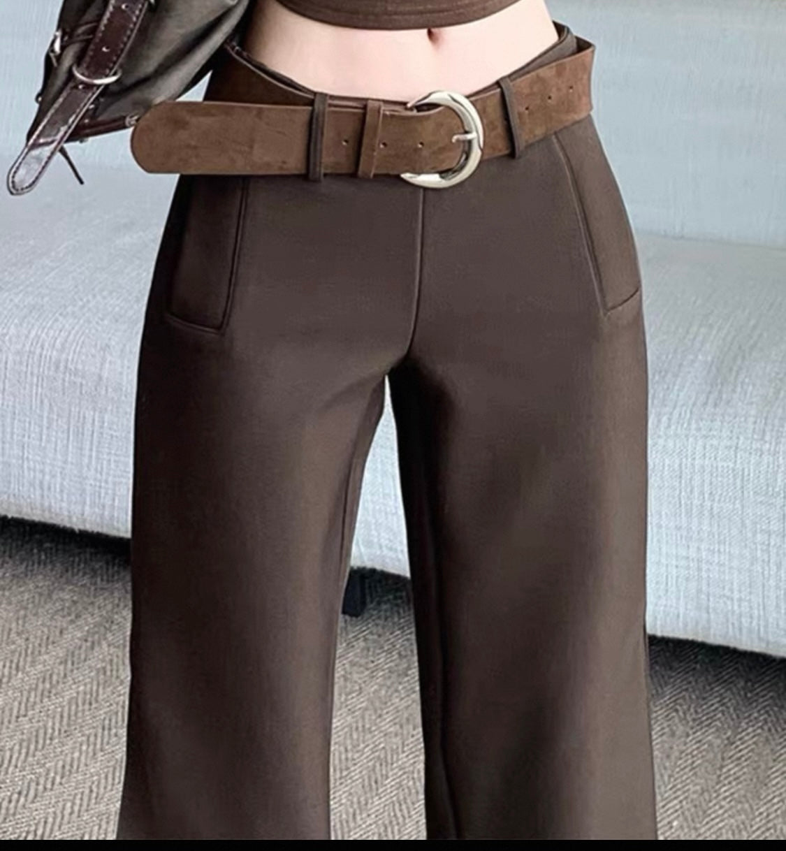 High-Waisted Trousers with Suede Belt – Chocolate Brown