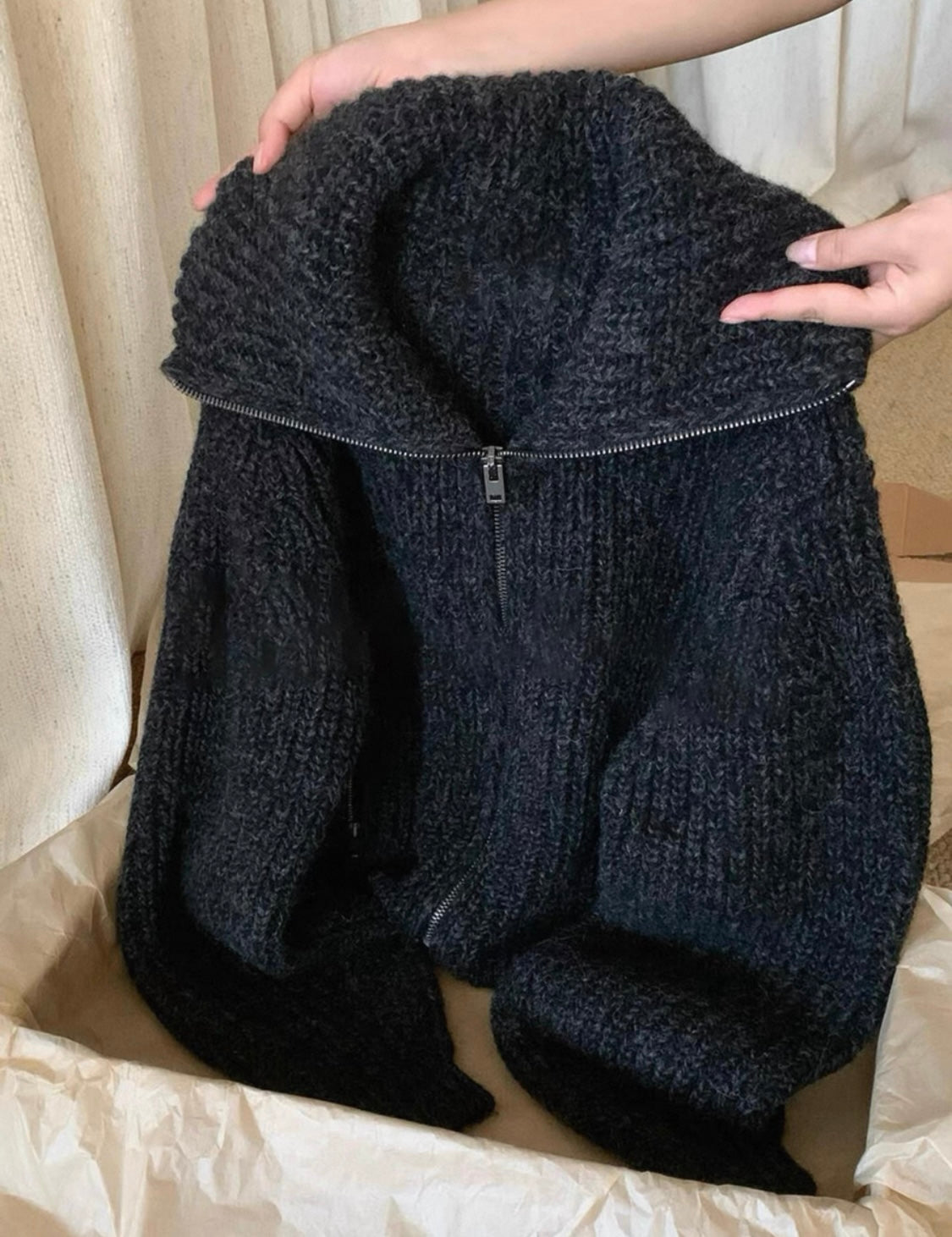 Chunky Knit Zip Cardigan – Charcoal