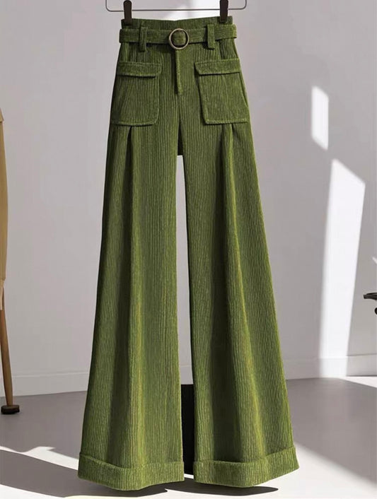 Corduroy Wide-Leg Trousers – Olive Green