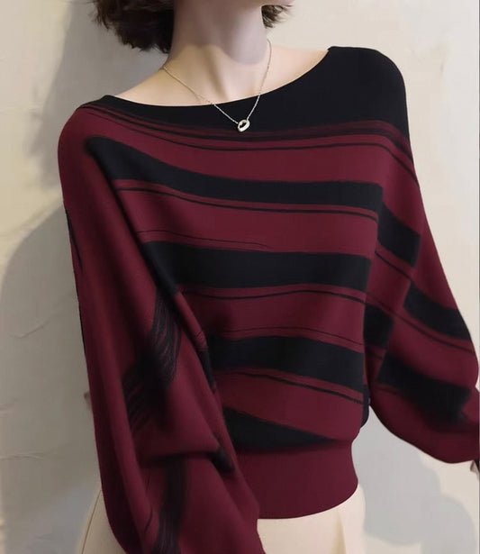 Wine & Black Striped Knit Top