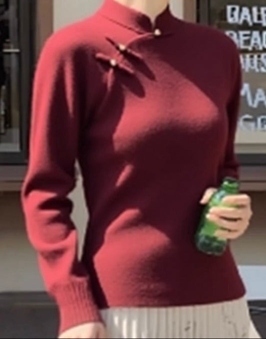 Burgundy Mandarin Collar Knit Top