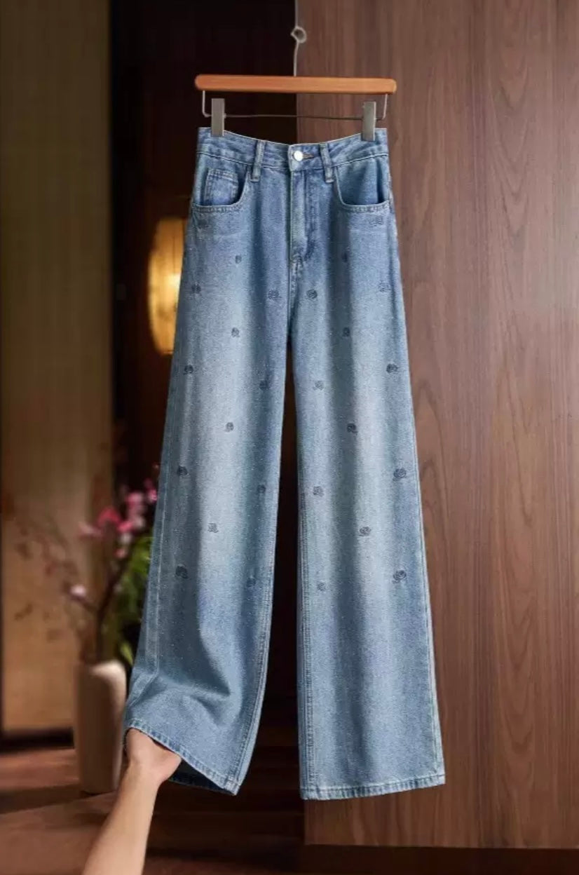 Wide Leg Denim Jeans with Subtle Pattern