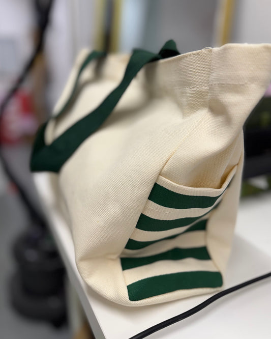 Striped Canvas Tote with Side Pocket – Cream & Green