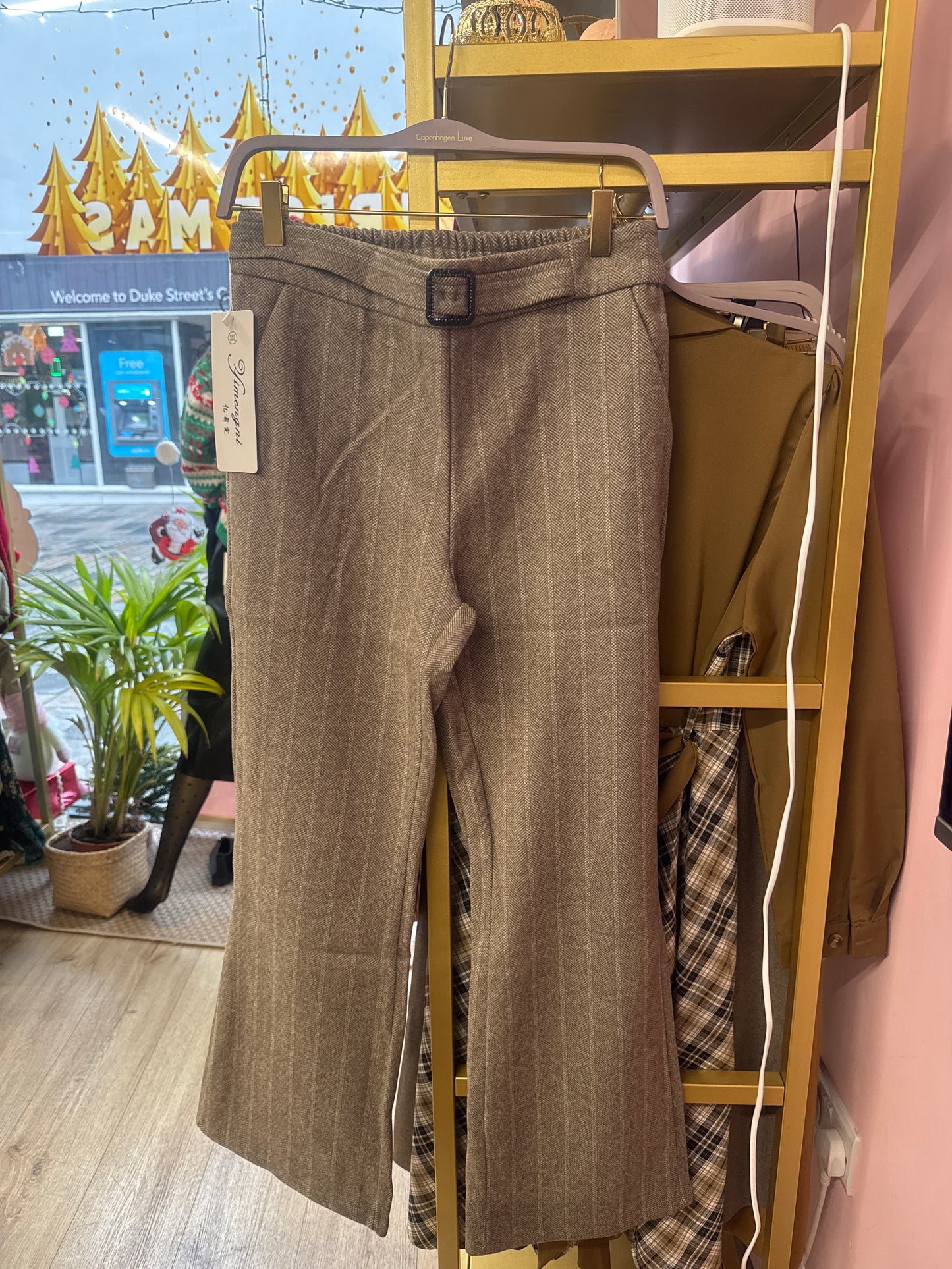 Tweed Herringbone Trousers with Belt Detail