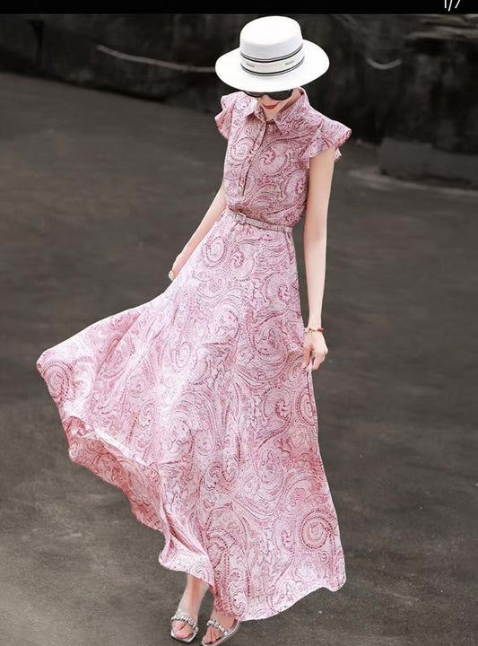 Long Skirt Waist Slim Printed Swing Shirt Dresses