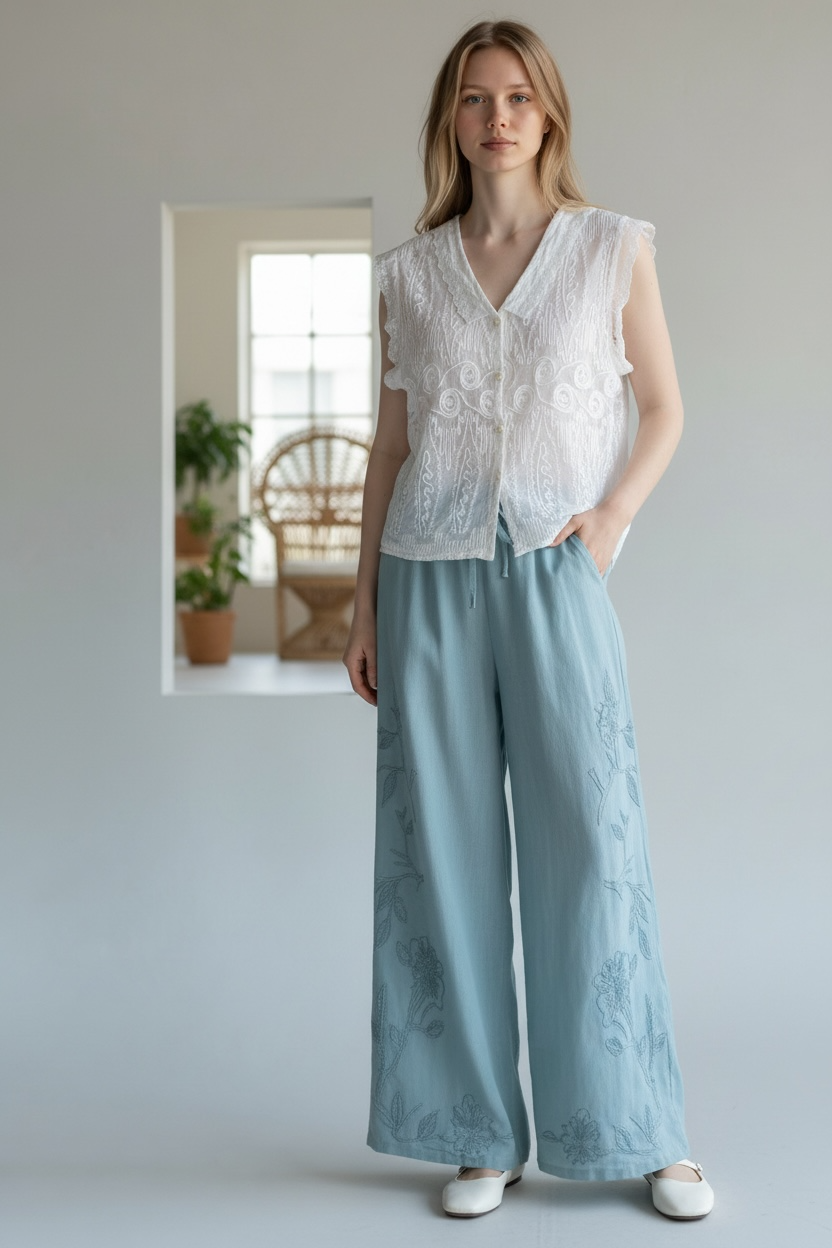 Relaxed 100% Linen Trousers with Embroidery
